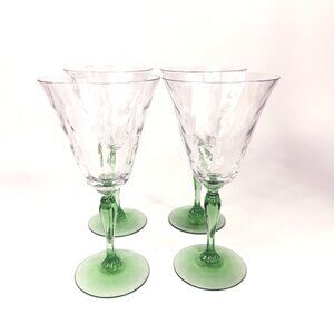 Fostoria Glass 6004 Uranium Green Stem Loop Optic Clear Water Goblets Set of 4